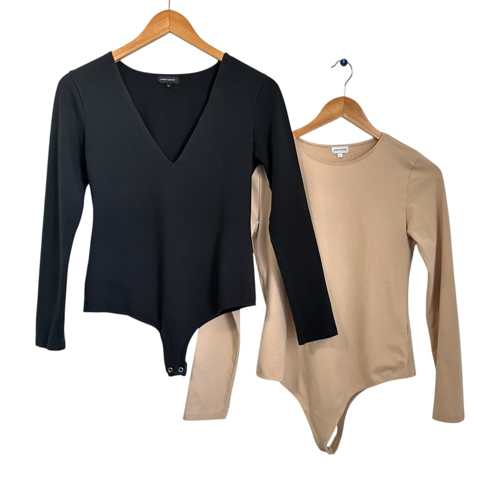 Ambitionist Womens Lot Of 2 Long Sleeve Thong Bodysuit Tops Sz Large Black Tan